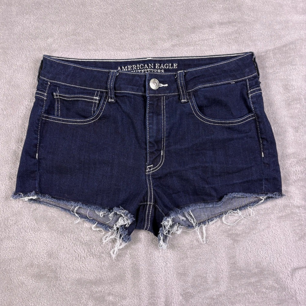 American Eagle Hi-Rise Shortie Denim Shorts Dark Wash‎ Raw Hem Wmn 8 Stretchy